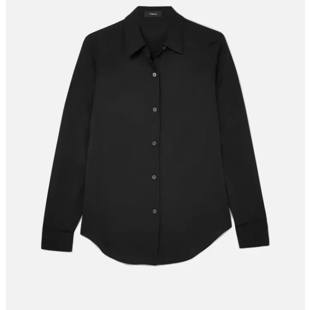 Theory black stretchy button down blouse